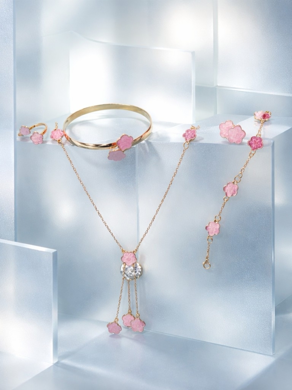 Gold-Tone Pink Flower Necklace and Bracelet Set
